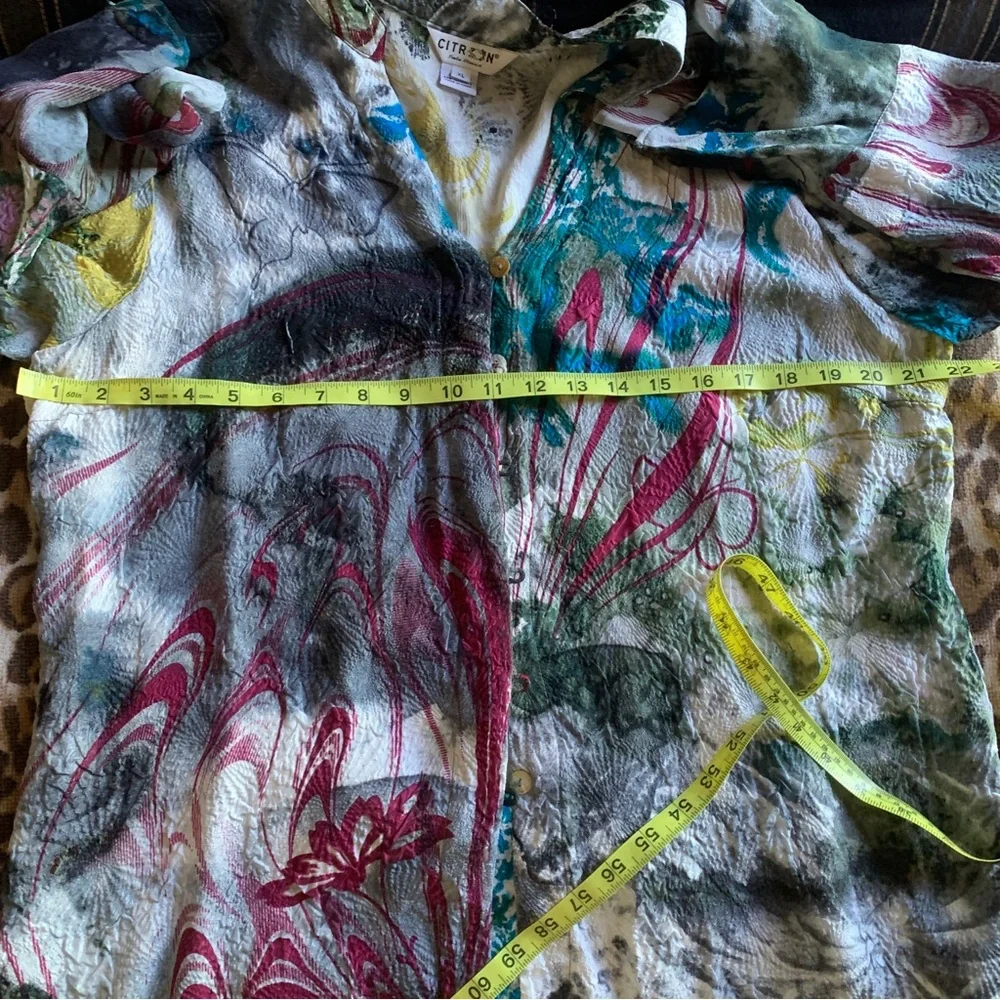 CITRON Santa Monica watercolor print blouse button up top silk XL shirt abstract - Picture 9 of 9